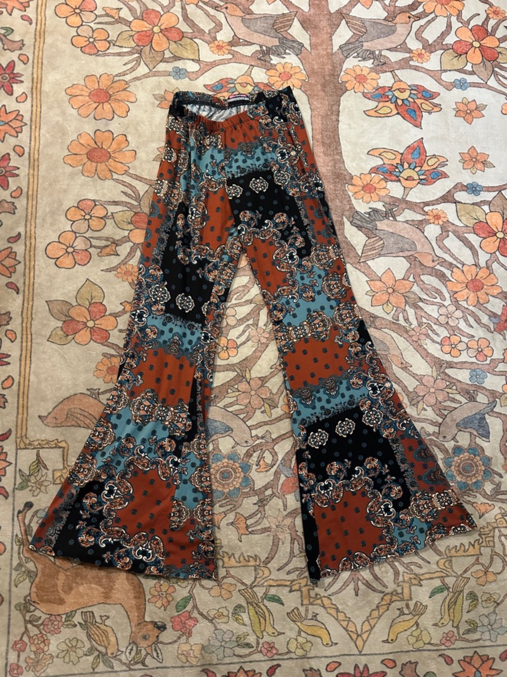 Discreet Paisley Patchwork Flare Pants - Rust, Teal & Black
